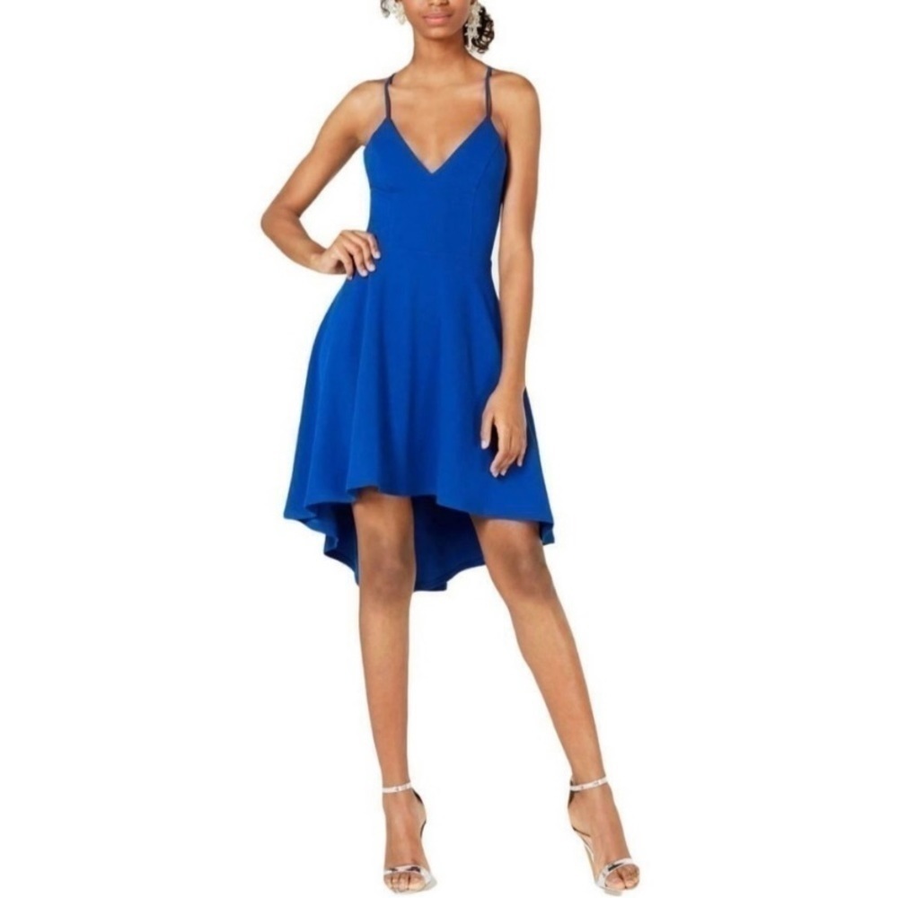 B DARLIN Dress V Neck High Low Lace Cutout Back Royal Blue Junior Size 15/16